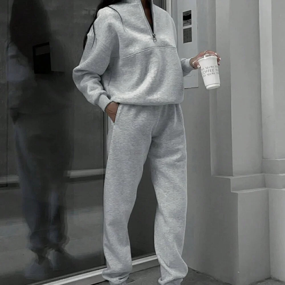 Grey Casual Women's Half Zipper Hoodie And Jogger Pants Two Piece Set